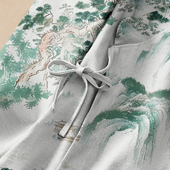 Buddha Stones Cotton Pine Tree Landscape Print Hanfu Style Wrap V-Neck Lace-up Women's Long Sleeve Shirts Kimono - image 3