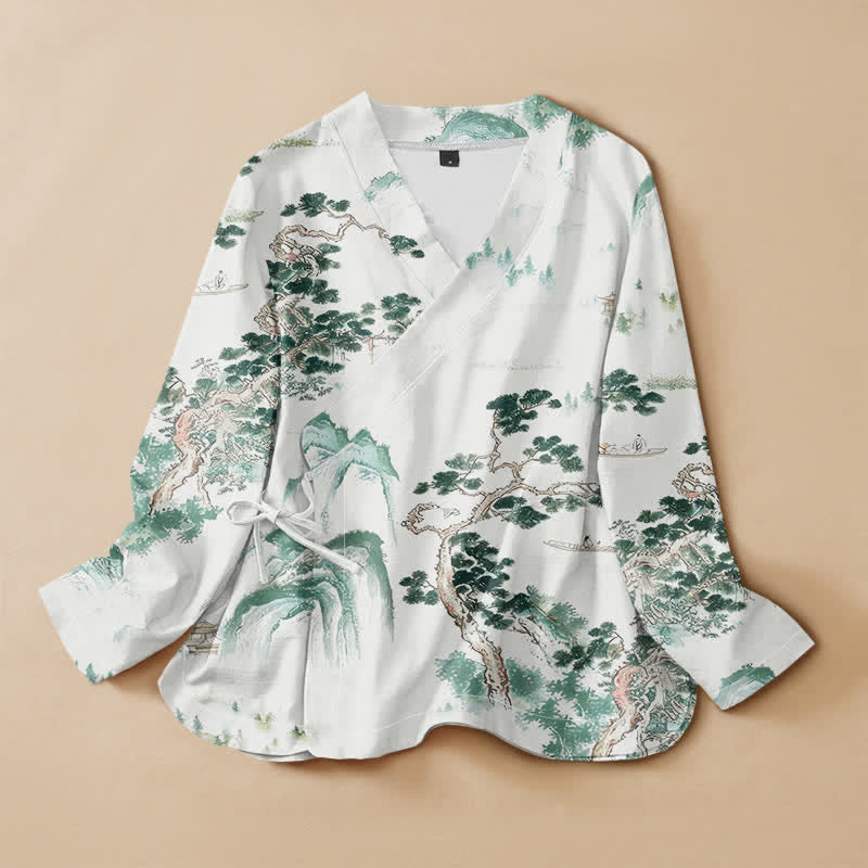 Buddha Stones Cotton Pine Tree Landscape Print Hanfu Style Wrap V-Neck Lace-up Women's Long Sleeve Shirts - Honeydew - US16，UK/AU20，EU48 (3XL) - image 0