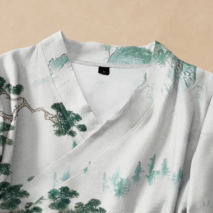 Buddha Stones Cotton Pine Tree Landscape Print Hanfu Style Wrap V-Neck Lace-up Women's Long Sleeve Shirts Kimono - image 2