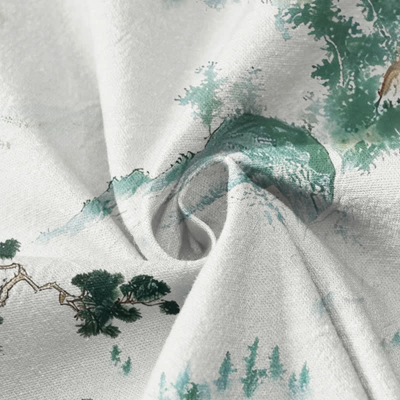 Buddha Stones Cotton Pine Tree Landscape Print Hanfu Style Wrap V-Neck Lace-up Women's Long Sleeve Shirts Kimono - image 4