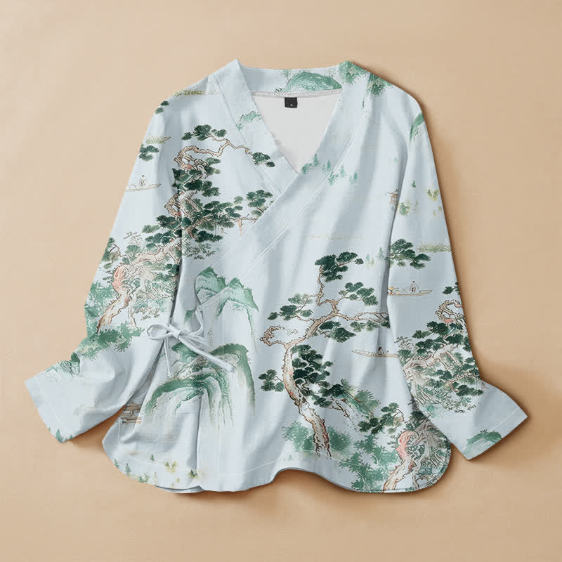 Buddha Stones Cotton Pine Tree Landscape Print Hanfu Style Wrap V-Neck Lace-up Women's Long Sleeve Shirts Kimono - PaleTurquoise - US16，UK/AU20，EU48 (3XL) - image 5