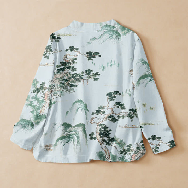 Buddha Stones Cotton Pine Tree Landscape Print Hanfu Style Wrap V-Neck Lace-up Women's Long Sleeve Shirts Kimono - image 6