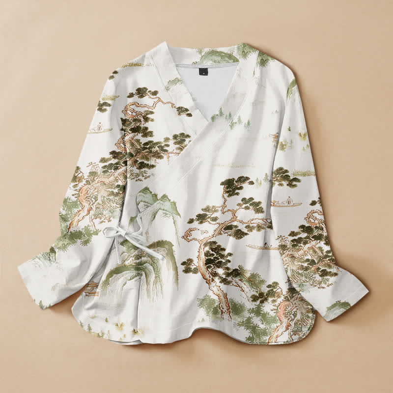 Buddha Stones Cotton Pine Tree Landscape Print Hanfu Style Wrap V-Neck Lace-up Women's Long Sleeve Shirts Kimono - Beige - US16，UK/AU20，EU48 (3XL) - image 7