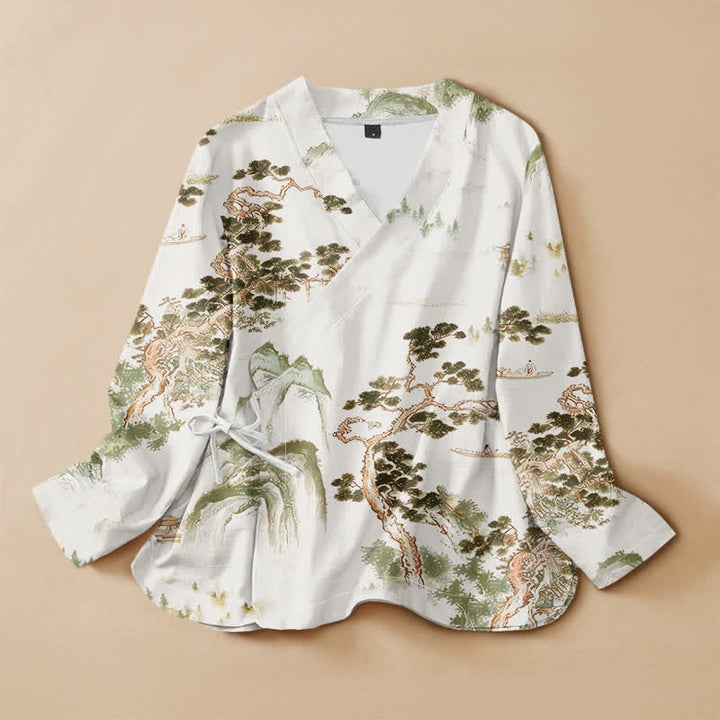 Buddha Stones Cotton Pine Tree Landscape Print Hanfu Style Wrap V-Neck Lace-up Women's Long Sleeve Shirts Kimono - Beige - US16，UK/AU20，EU48 (3XL) - image 7