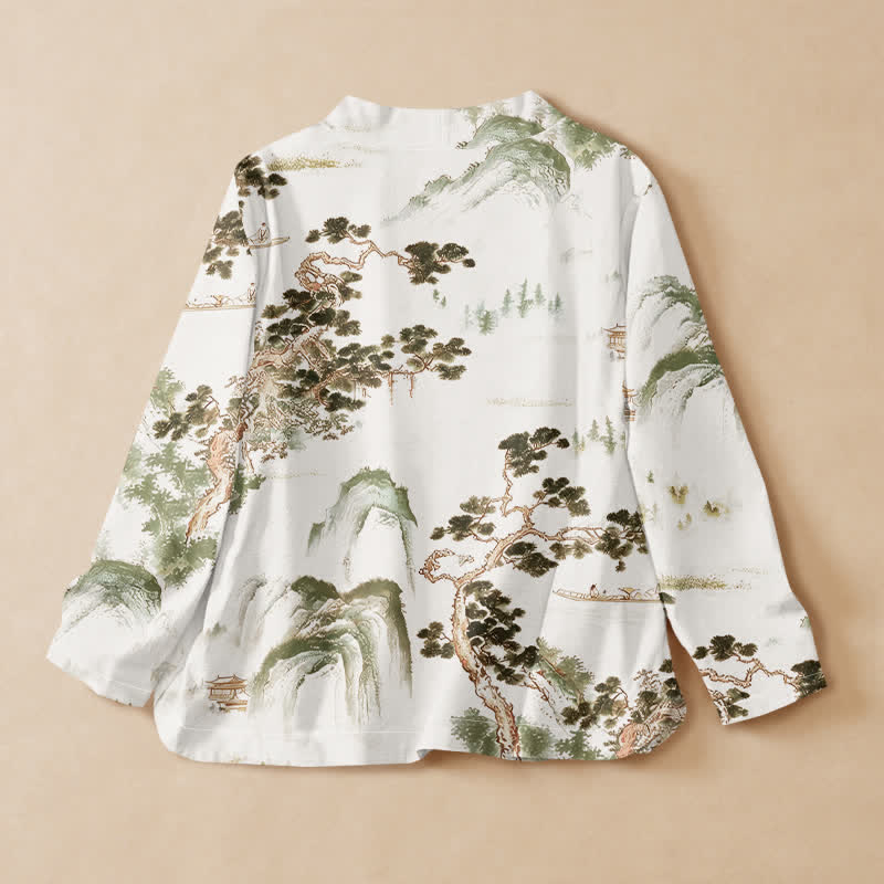 Buddha Stones Cotton Pine Tree Landscape Print Hanfu Style Wrap V-Neck Lace-up Women's Long Sleeve Shirts Kimono - image 8