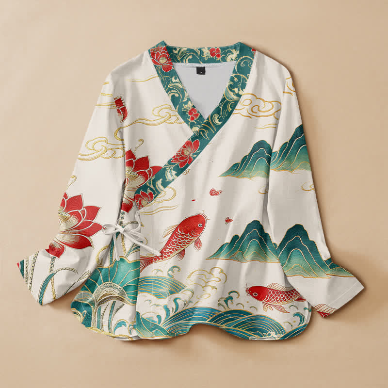 Buddha Stones Cotton Koi Lotus Cloud Pattern Wrap V-Neck Lace-up Women's Long Sleeve Shirts - Ivory - US16，UK/AU20，EU48 (3XL) - image 0