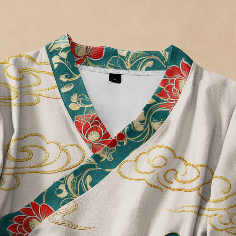 Buddha Stones Cotton Koi Lotus Cloud Pattern Wrap V-Neck Lace-up Women's Long Sleeve Shirts - image 2