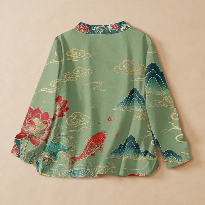 Buddha Stones Cotton Koi Lotus Cloud Pattern Wrap V-Neck Lace-up Women's Long Sleeve Shirts - image 6