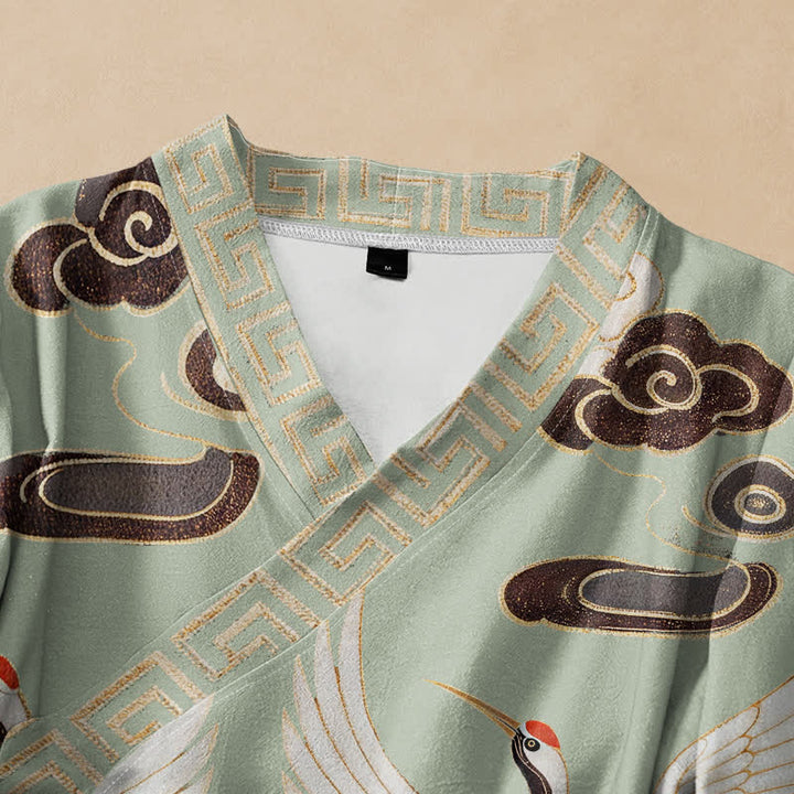 Buddha Stones Cotton Crane Cloud Wave Print Hanfu Style Wrap V-Neck Lace-up Women's Long Sleeve Shirts - image 2