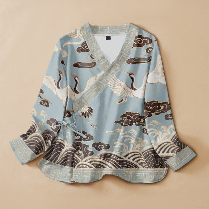 Buddha Stones Cotton Crane Cloud Wave Print Hanfu Style Wrap V-Neck Lace-up Women's Long Sleeve Shirts - SkyBlue - US16，UK/AU20，EU48 (3XL) - image 5