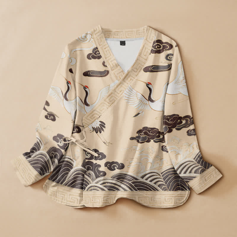 Buddha Stones Cotton Crane Cloud Wave Print Hanfu Style Wrap V-Neck Lace-up Women's Long Sleeve Shirts - LightGoldenrodYellow - US16，UK/AU20，EU48 (3XL) - image 7