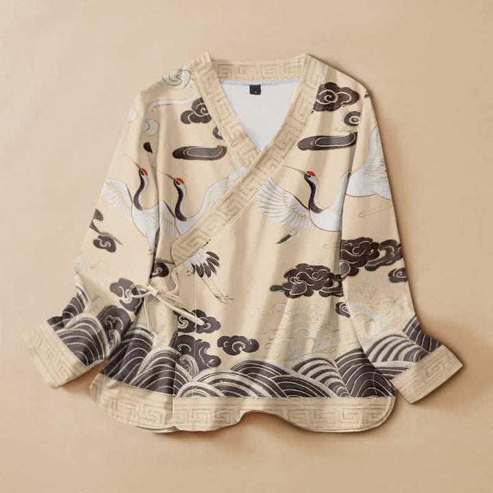 Buddha Stones Cotton Crane Cloud Wave Print Hanfu Style Wrap V-Neck Lace-up Women's Long Sleeve Shirts - LightGoldenrodYellow - US16，UK/AU20，EU48 (3XL) - image 7