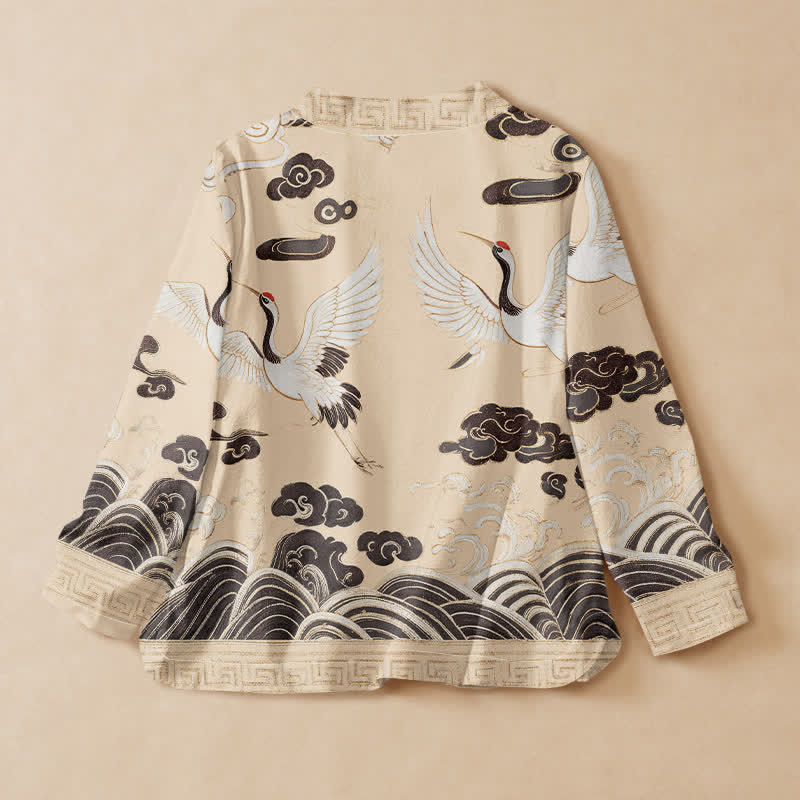Buddha Stones Cotton Crane Cloud Wave Print Hanfu Style Wrap V-Neck Lace-up Women's Long Sleeve Shirts - image 8