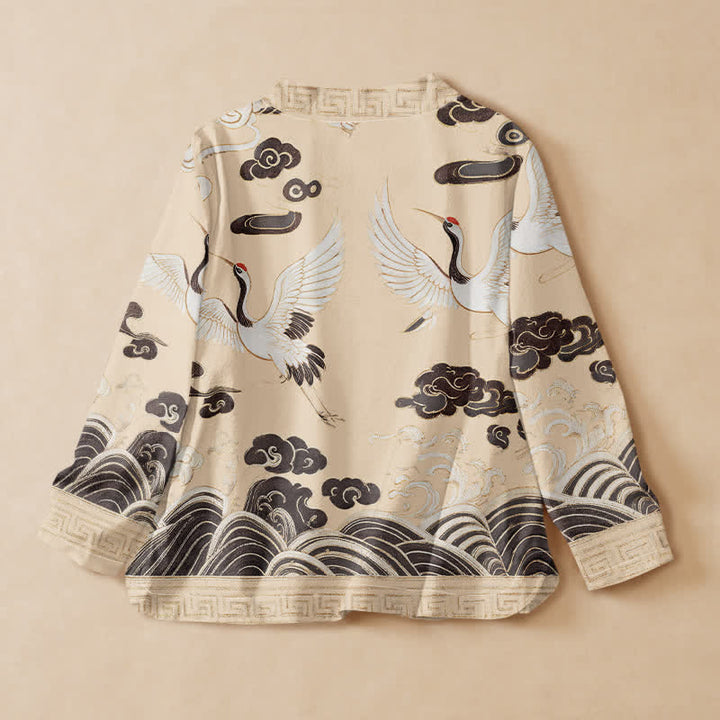 Buddha Stones Cotton Crane Cloud Wave Print Hanfu Style Wrap V-Neck Lace-up Women's Long Sleeve Shirts - image 8