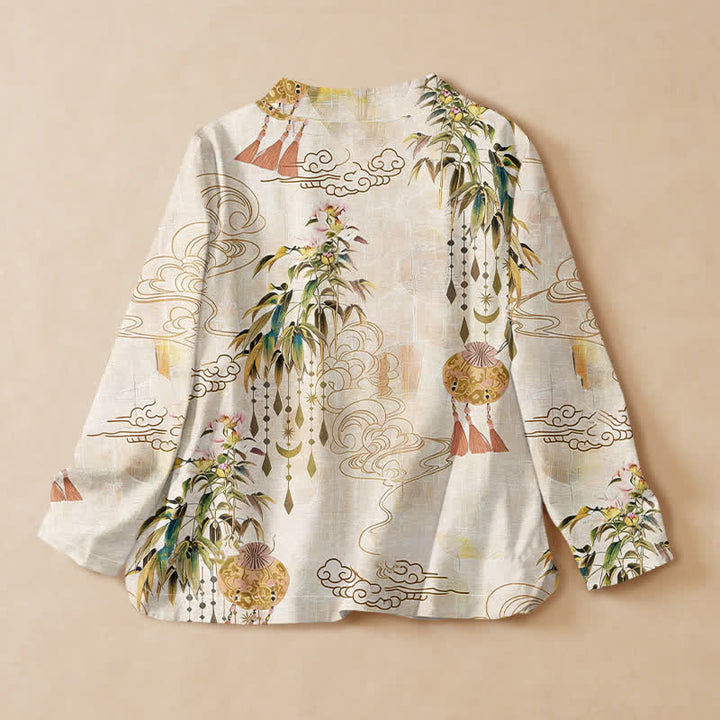 Buddha Stones Cotton Cloud Leaf Tassel Print Hanfu Style Wrap V-Neck Lace-up Women's Long Sleeve Shirts Kimono - image 1