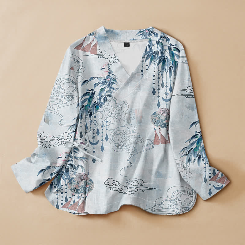 Buddha Stones Cotton Cloud Leaf Tassel Print Hanfu Style Wrap V-Neck Lace-up Women's Long Sleeve Shirts Kimono - AliceBlue - US16，UK/AU20，EU48 (3XL) - image 5