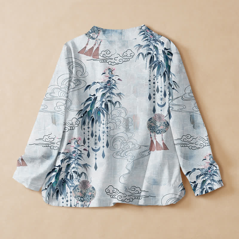 Buddha Stones Cotton Cloud Leaf Tassel Print Hanfu Style Wrap V-Neck Lace-up Women's Long Sleeve Shirts Kimono - image 6