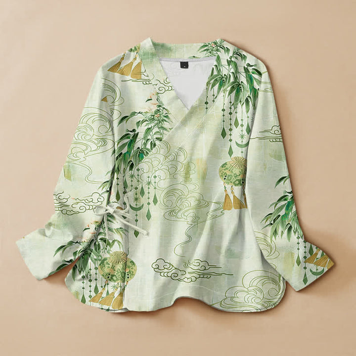 Buddha Stones Cotton Cloud Leaf Tassel Print Hanfu Style Wrap V-Neck Lace-up Women's Long Sleeve Shirts Kimono - Honeydew - US16，UK/AU20，EU48 (3XL) - image 7