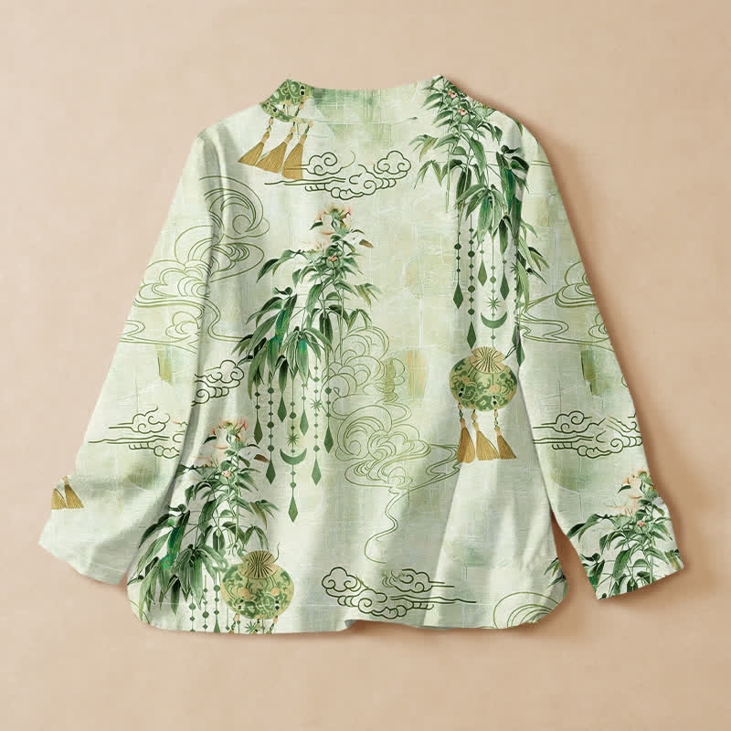 Buddha Stones Cotton Cloud Leaf Tassel Print Hanfu Style Wrap V-Neck Lace-up Women's Long Sleeve Shirts - image 8