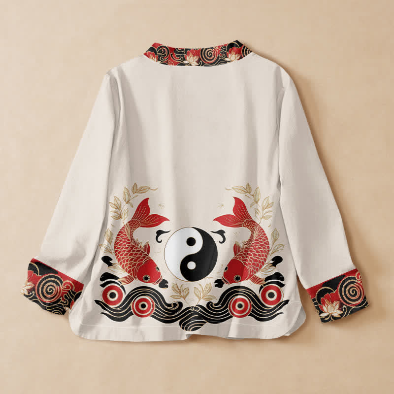 Buddha Stones Cotton Koi Fish Yin Yang Lotus Print Hanfu Style Wrap V-Neck Lace-up Women's Long Sleeve Shirts Kimono - image 1