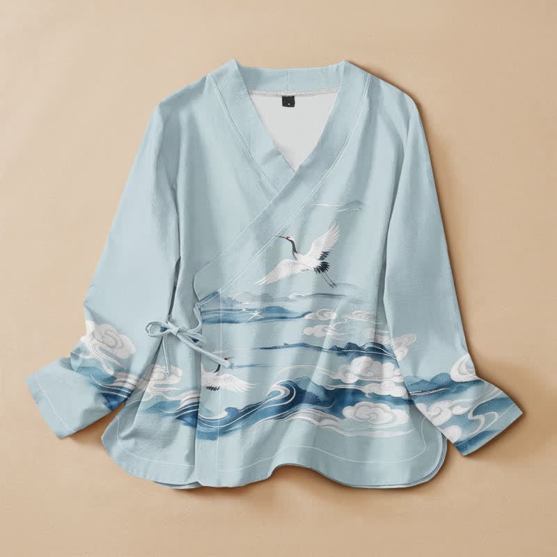 Buddha Stones Cotton Flying Crane Clouds Pattern Wrap V-Neck Lace-up Women's Long Sleeve Shirts Kimono - PowderBlue - US16，UK/AU20，EU48 (3XL) - image 0