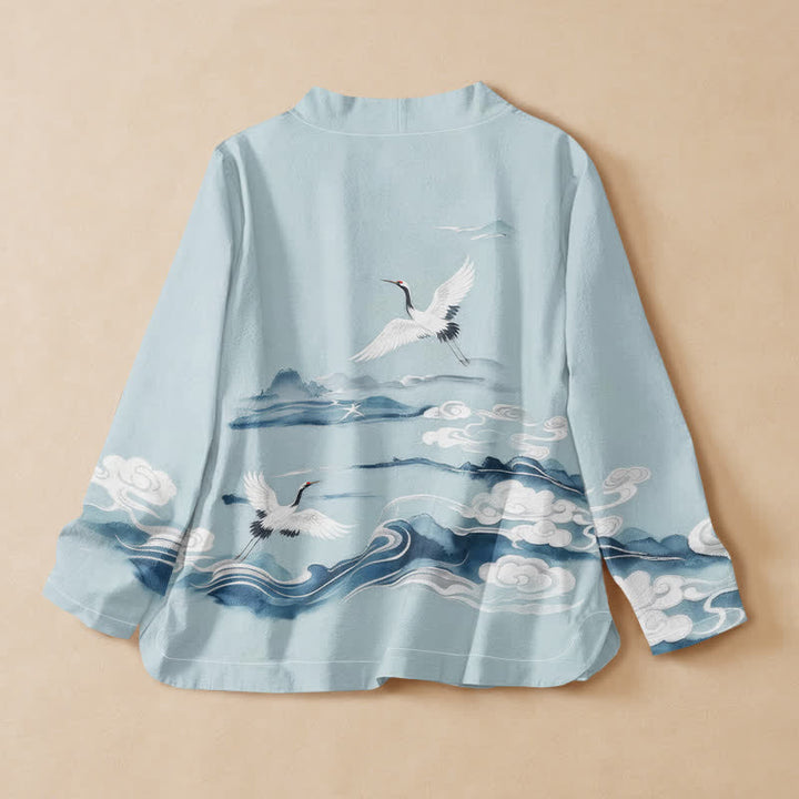 Buddha Stones Cotton Flying Crane Clouds Pattern Wrap V-Neck Lace-up Women's Long Sleeve Shirts Kimono - image 1