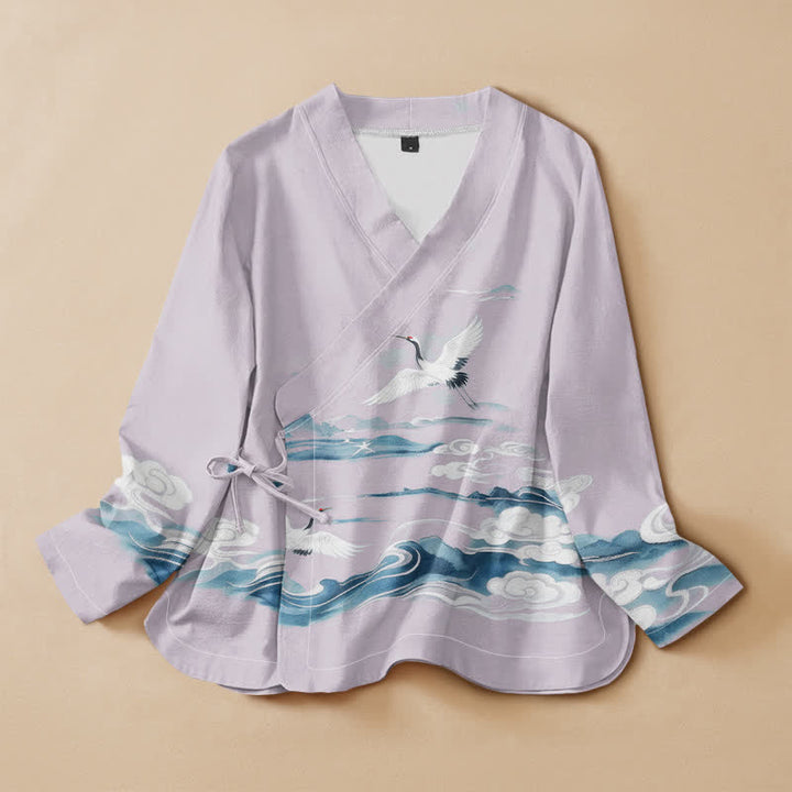 Buddha Stones Cotton Flying Crane Clouds Pattern Wrap V-Neck Lace-up Women's Long Sleeve Shirts Kimono - Lavender - US16，UK/AU20，EU48 (3XL) - image 5