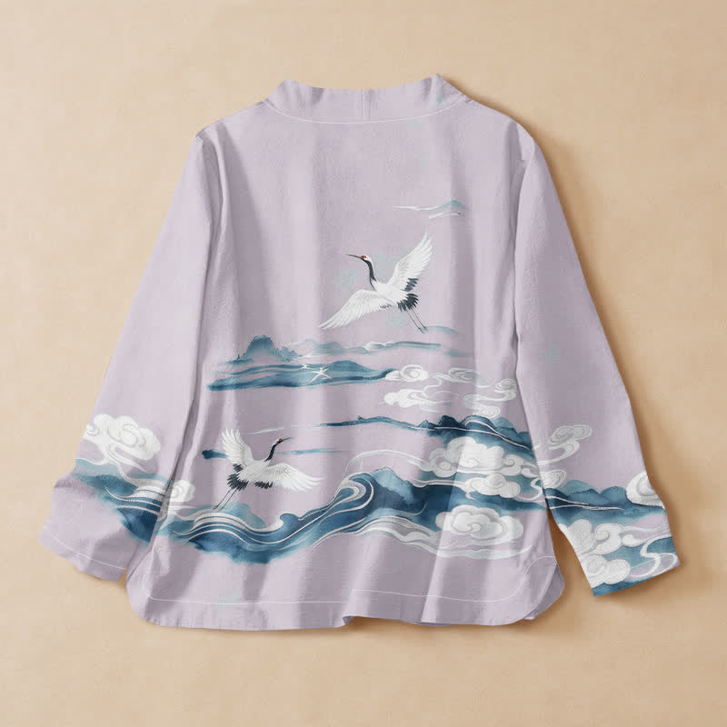 Buddha Stones Cotton Flying Crane Clouds Pattern Wrap V-Neck Lace-up Women's Long Sleeve Shirts Kimono - image 6