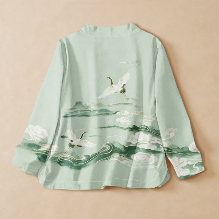 Buddha Stones Cotton Flying Crane Clouds Pattern Wrap V-Neck Lace-up Women's Long Sleeve Shirts Kimono - image 8