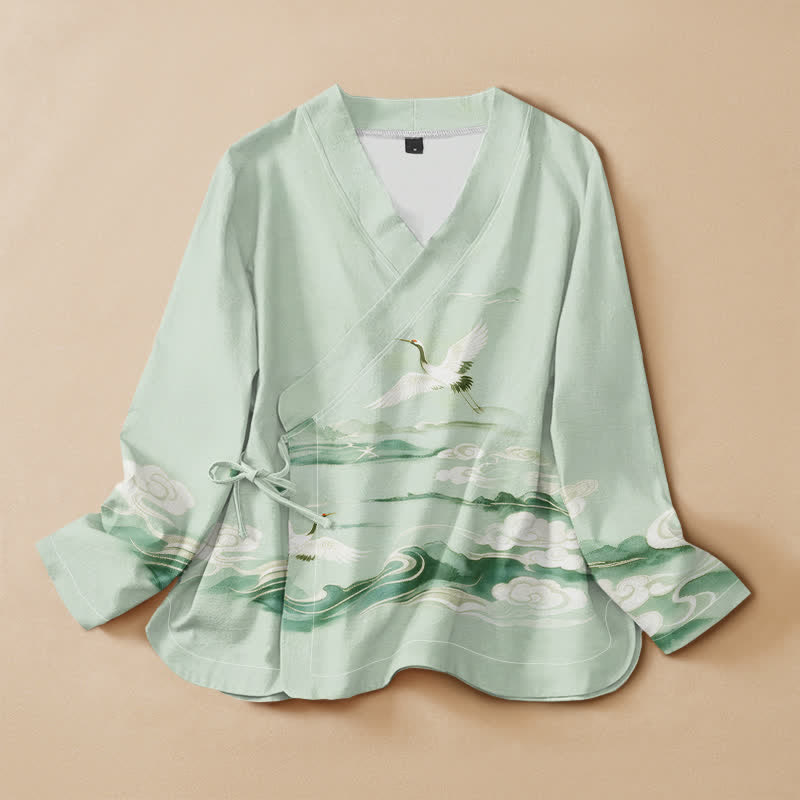 Buddha Stones Cotton Flying Crane Clouds Pattern Wrap V-Neck Lace-up Women's Long Sleeve Shirts Kimono - Aquamarine - US16，UK/AU20，EU48 (3XL) - image 7
