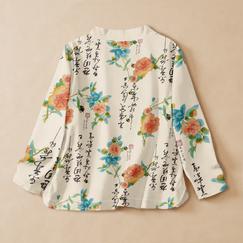 Buddha Stones Cotton Floral Calligraphy Print Hanfu Style Wrap V-Neck Lace-up Women's Long Sleeve Shirts - image 1