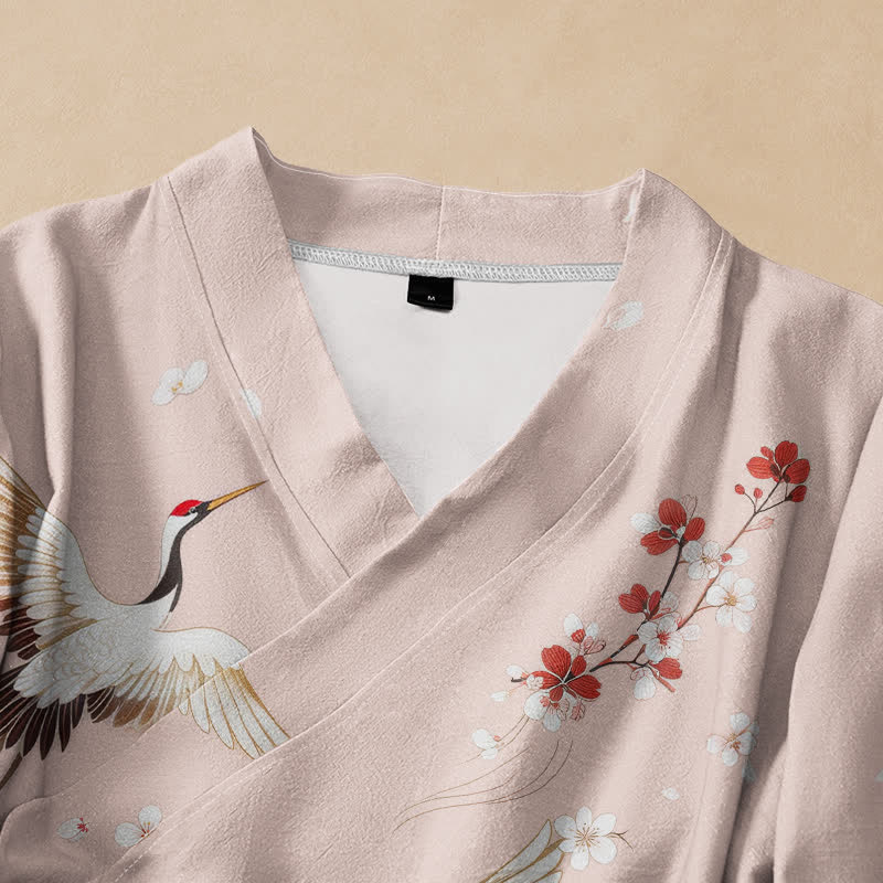 Buddha Stones Cotton Crane Plum Blossom Print Hanfu Style Wrap V-Neck Lace-up Women's Long Sleeve Shirts Kimono - image 2