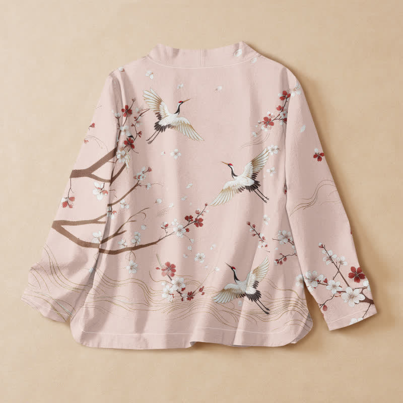 Buddha Stones Cotton Crane Plum Blossom Print Hanfu Style Wrap V-Neck Lace-up Women's Long Sleeve Shirts - image 1