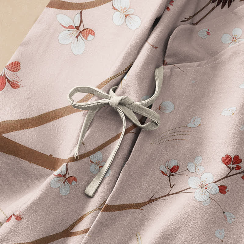Buddha Stones Cotton Crane Plum Blossom Print Hanfu Style Wrap V-Neck Lace-up Women's Long Sleeve Shirts Kimono - image 3