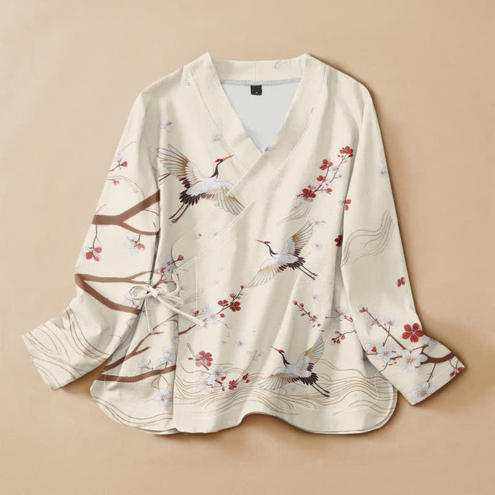 Buddha Stones Cotton Crane Plum Blossom Print Hanfu Style Wrap V-Neck Lace-up Women's Long Sleeve Shirts Kimono - Ivory - US16，UK/AU20，EU48 (3XL) - image 5
