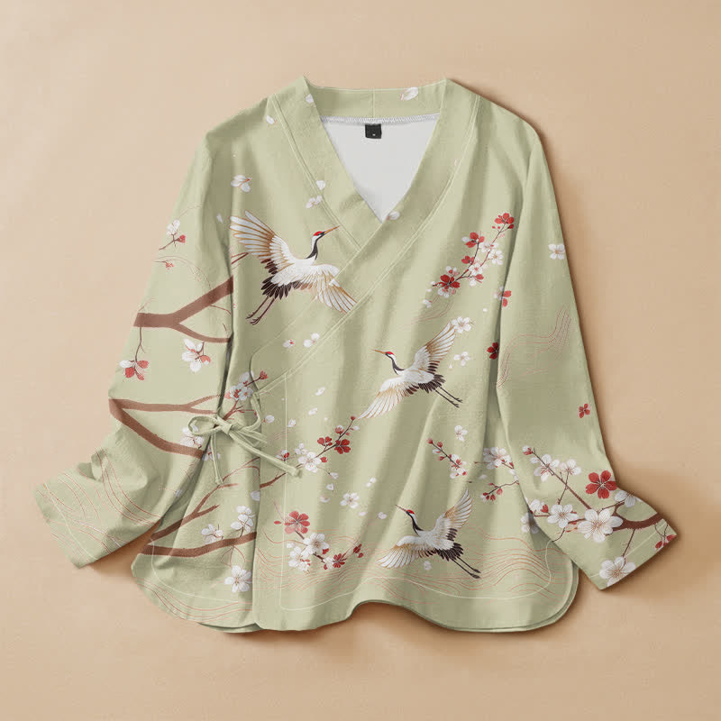 Buddha Stones Cotton Crane Plum Blossom Print Hanfu Style Wrap V-Neck Lace-up Women's Long Sleeve Shirts Kimono - PaleGreen - US16，UK/AU20，EU48 (3XL) - image 7