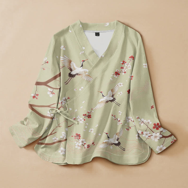 Buddha Stones Cotton Crane Plum Blossom Print Hanfu Style Wrap V-Neck Lace-up Women's Long Sleeve Shirts Kimono - PaleGreen - US16，UK/AU20，EU48 (3XL) - image 7
