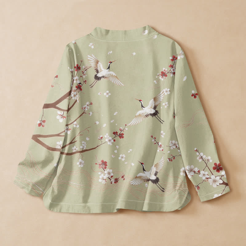 Buddha Stones Cotton Crane Plum Blossom Print Hanfu Style Wrap V-Neck Lace-up Women's Long Sleeve Shirts Kimono - image 8