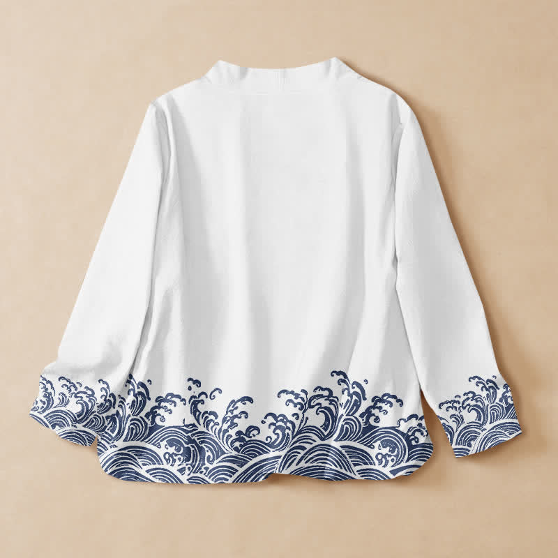 Buddha Stones Cotton Ocean Wave Print Hanfu Style Wrap V-Neck Lace-up Women's Long Sleeve Shirts - image 6