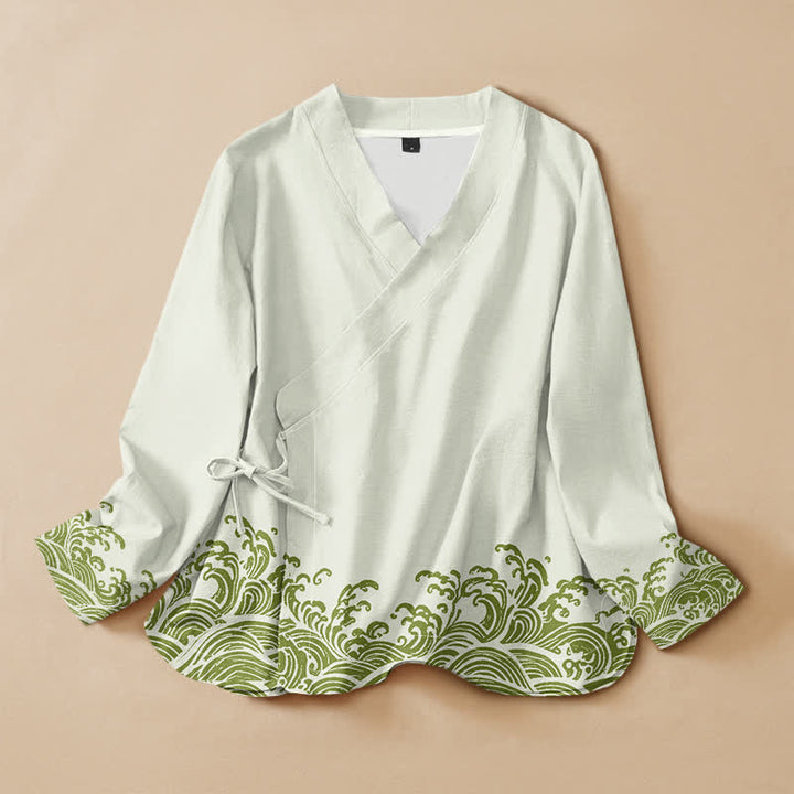Buddha Stones Cotton Ocean Wave Print Hanfu Style Wrap V-Neck Lace-up Women's Long Sleeve Shirts Kimono - MintCream - US16，UK/AU20，EU48 (3XL) - image 7