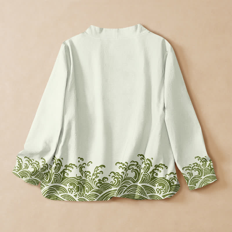 Buddha Stones Cotton Ocean Wave Print Hanfu Style Wrap V-Neck Lace-up Women's Long Sleeve Shirts - image 8