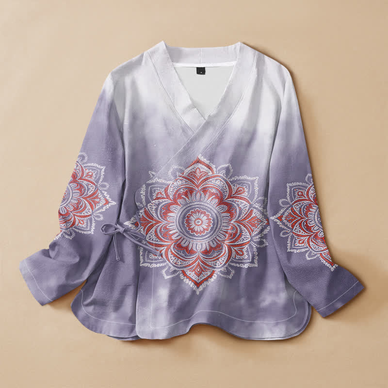 Buddha Stones Cotton Boho Mandala Print Hanfu Style Wrap V-Neck Lace-up Women's Long Sleeve Shirts - Thistle - US16，UK/AU20，EU48 (3XL) - image 7