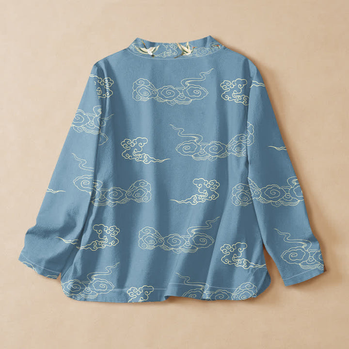 Buddha Stones Cotton Crane Auspicious Cloud Print Wrap V-Neck Lace-up Women's Long Sleeve Shirts Kimono - image 1
