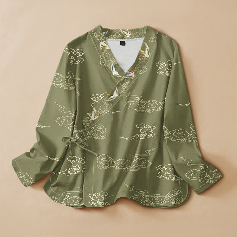 Buddha Stones Cotton Crane Auspicious Cloud Print Wrap V-Neck Lace-up Women's Long Sleeve Shirts Kimono - Olive - US16，UK/AU20，EU48 (3XL) - image 5