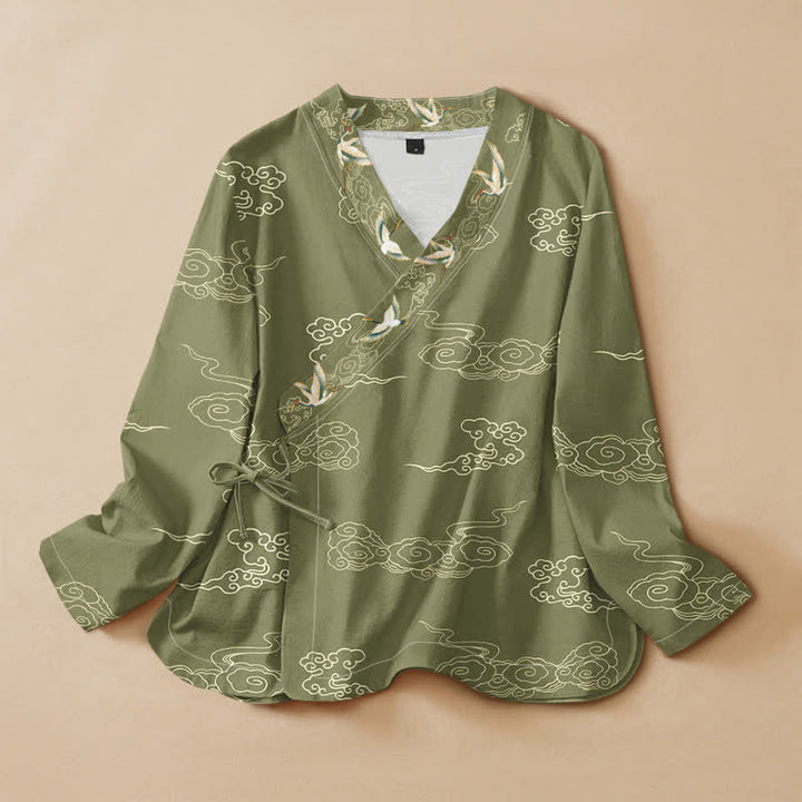 Buddha Stones Cotton Crane Auspicious Cloud Print Wrap V-Neck Lace-up Women's Long Sleeve Shirts Kimono - Olive - US16，UK/AU20，EU48 (3XL) - image 5