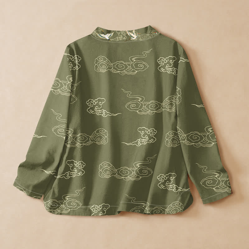 Buddha Stones Cotton Crane Auspicious Cloud Print Wrap V-Neck Lace-up Women's Long Sleeve Shirts Kimono - image 6