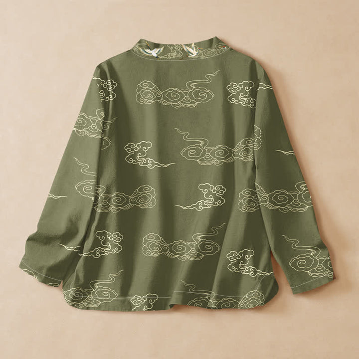 Buddha Stones Cotton Crane Auspicious Cloud Print Wrap V-Neck Lace-up Women's Long Sleeve Shirts Kimono - image 6