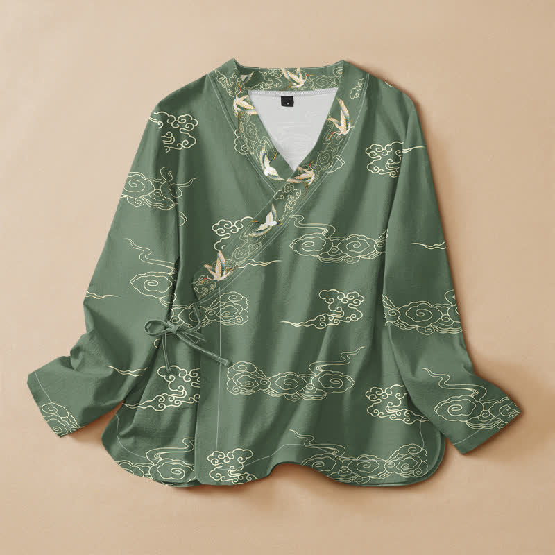 Buddha Stones Cotton Crane Auspicious Cloud Print Wrap V-Neck Lace-up Women's Long Sleeve Shirts Kimono - MediumSeaGreen - US16，UK/AU20，EU48 (3XL) - image 7