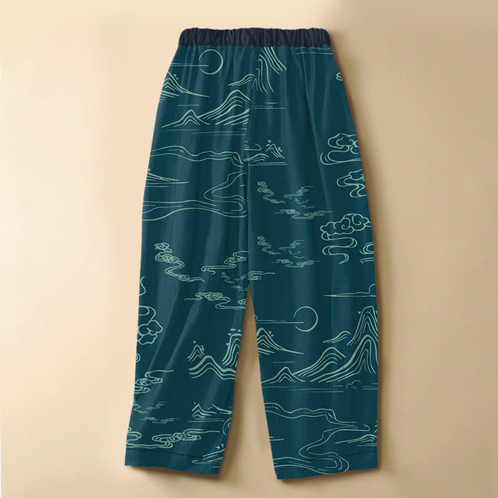 Buddha Stones Pure Cotton Vintage Mountain Cloud Pattern Frog Button Women's Elastic Waist Harem Pants With Pockets - image 8