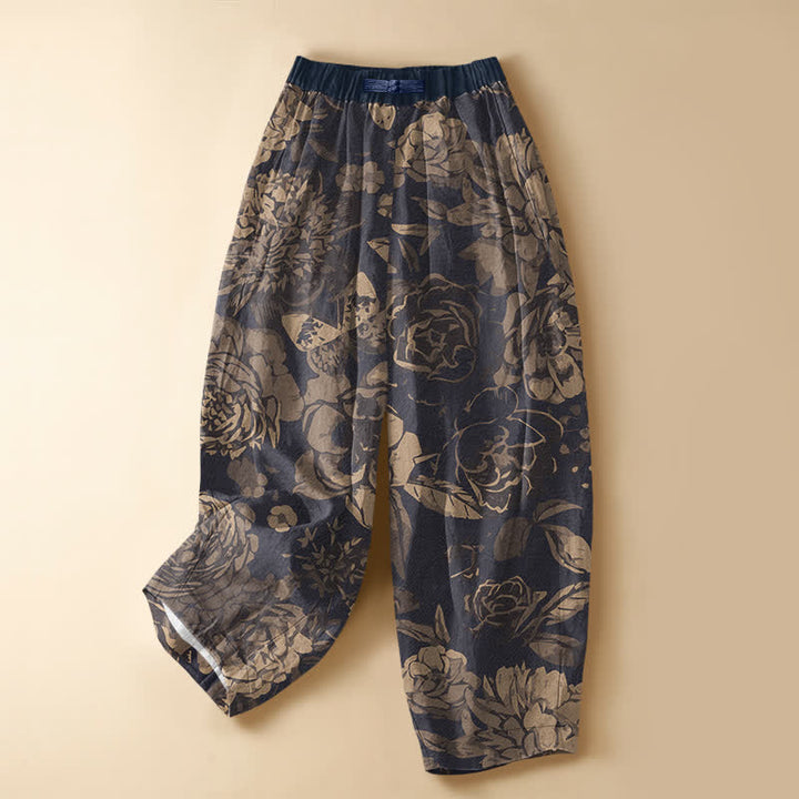 Buddha Stones Pure Cotton Peony Flowers Leaves Pattern Frog Button Women's Elastic Waist Harem Pants With Pockets - Navy - US16，UK/AU20，EU48 (3XL) - image 0